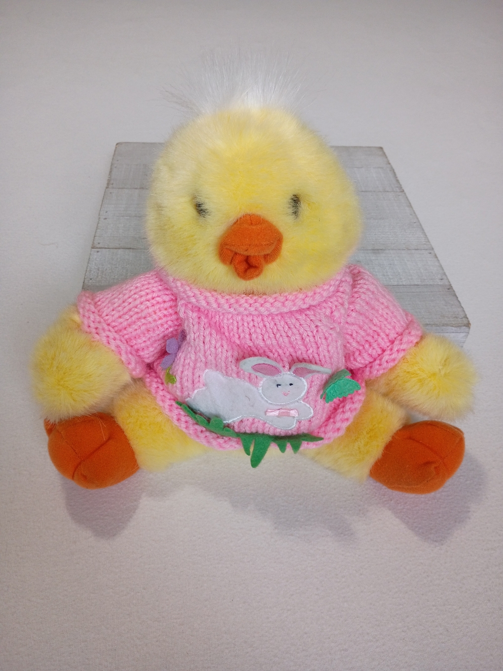 Vintage Dan Dee Happy Hoppers Yellow Easter Chick Plush Pink Bunny Knit Sweater